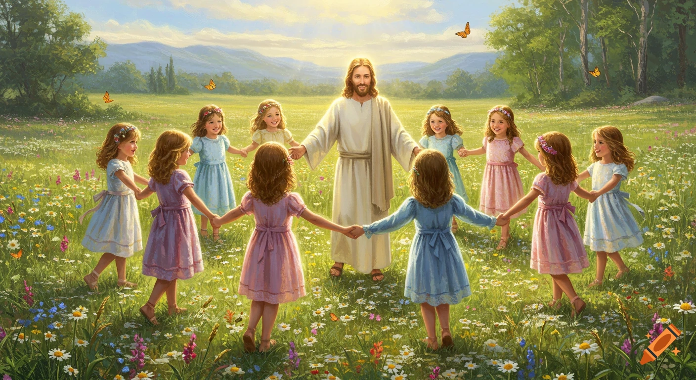 Jesus stands with arms open, surrounded by a circle of little girls holding hands in a sunlit meadow filled with wildflowers and butterflies.