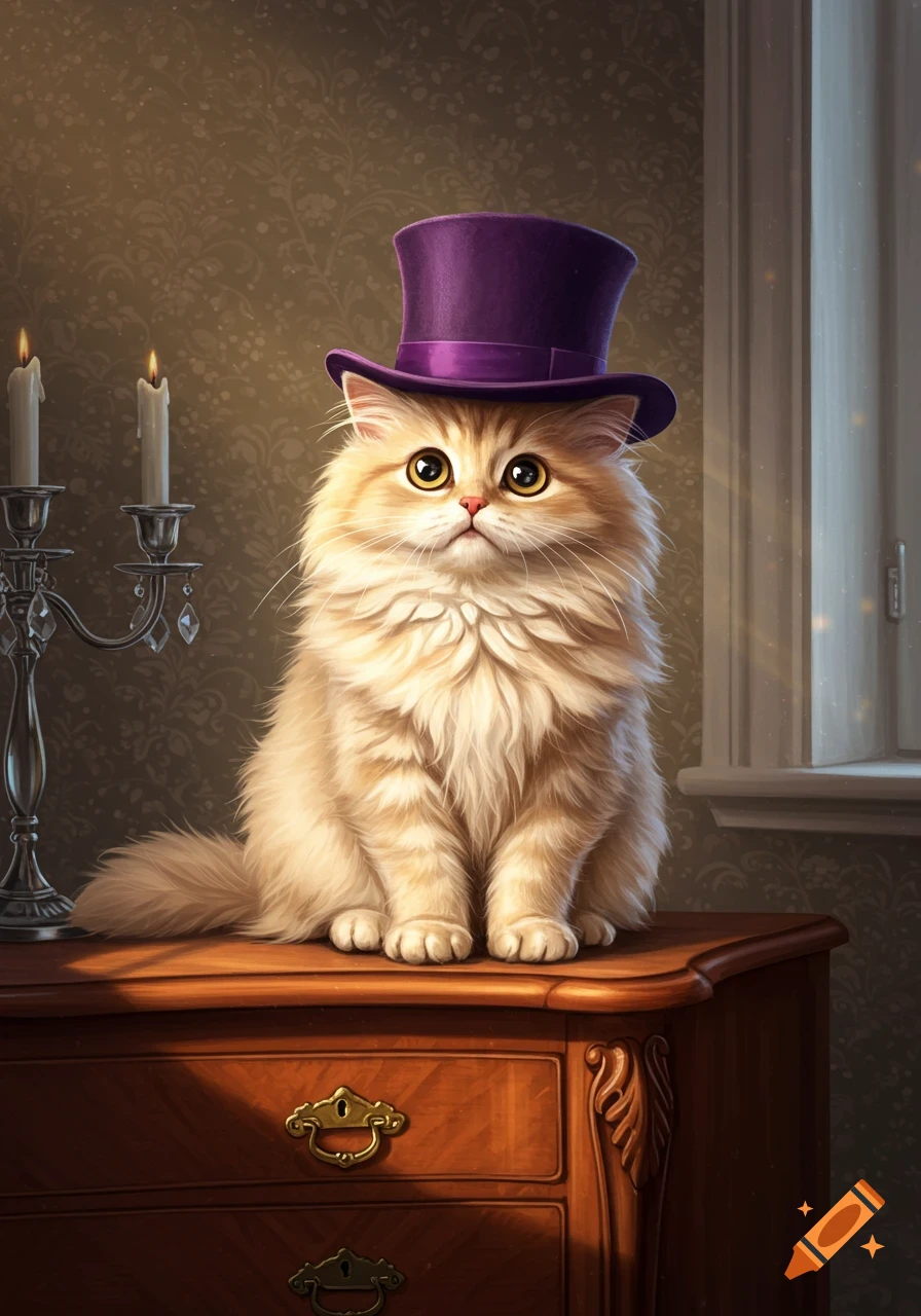 A fluffy, light brown cat wearing a purple top hat sits on a wooden dresser next to a candelabra in a sunlit room.