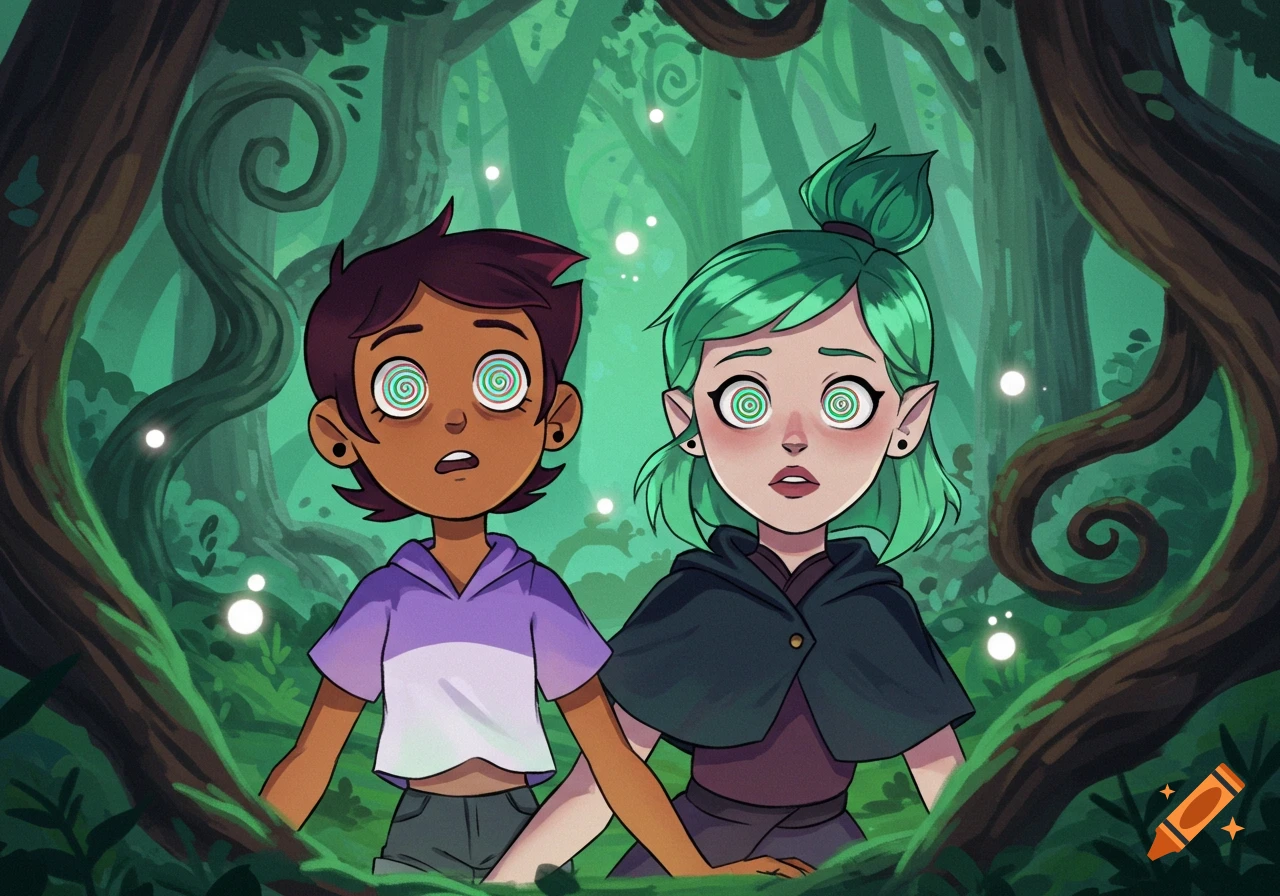 Luz and Amity from The Owl House with swirly, hypnotized eyes, looking surprised in a mystical green forest.