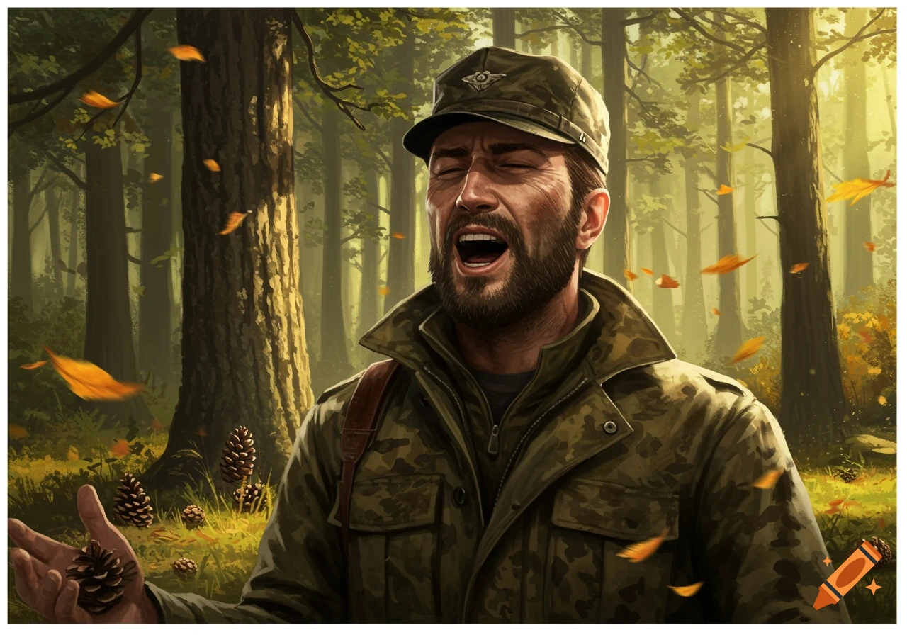 A bearded man in a camouflage jacket and cap sings loudly with his eyes closed in a sunlit forest with falling autumn leaves and pinecones. Digital art style.