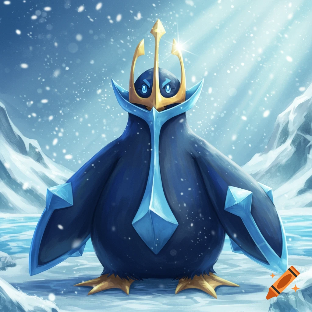 A majestic Empoleon stands in a snowy, icy landscape with light rays and falling snow.