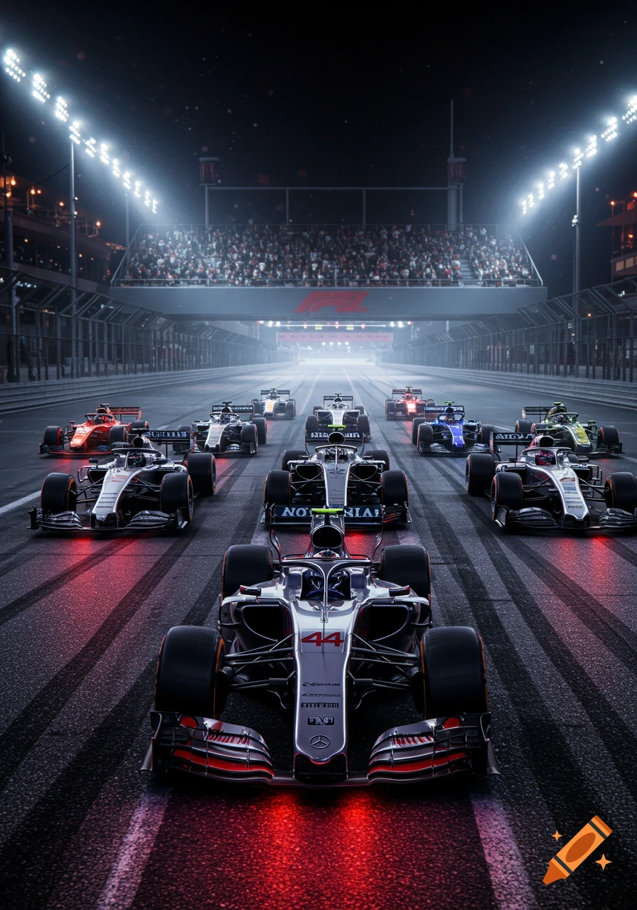 A lineup of Formula 1 race cars on a track at night, under bright stadium lights, with a crowd in the grandstands.