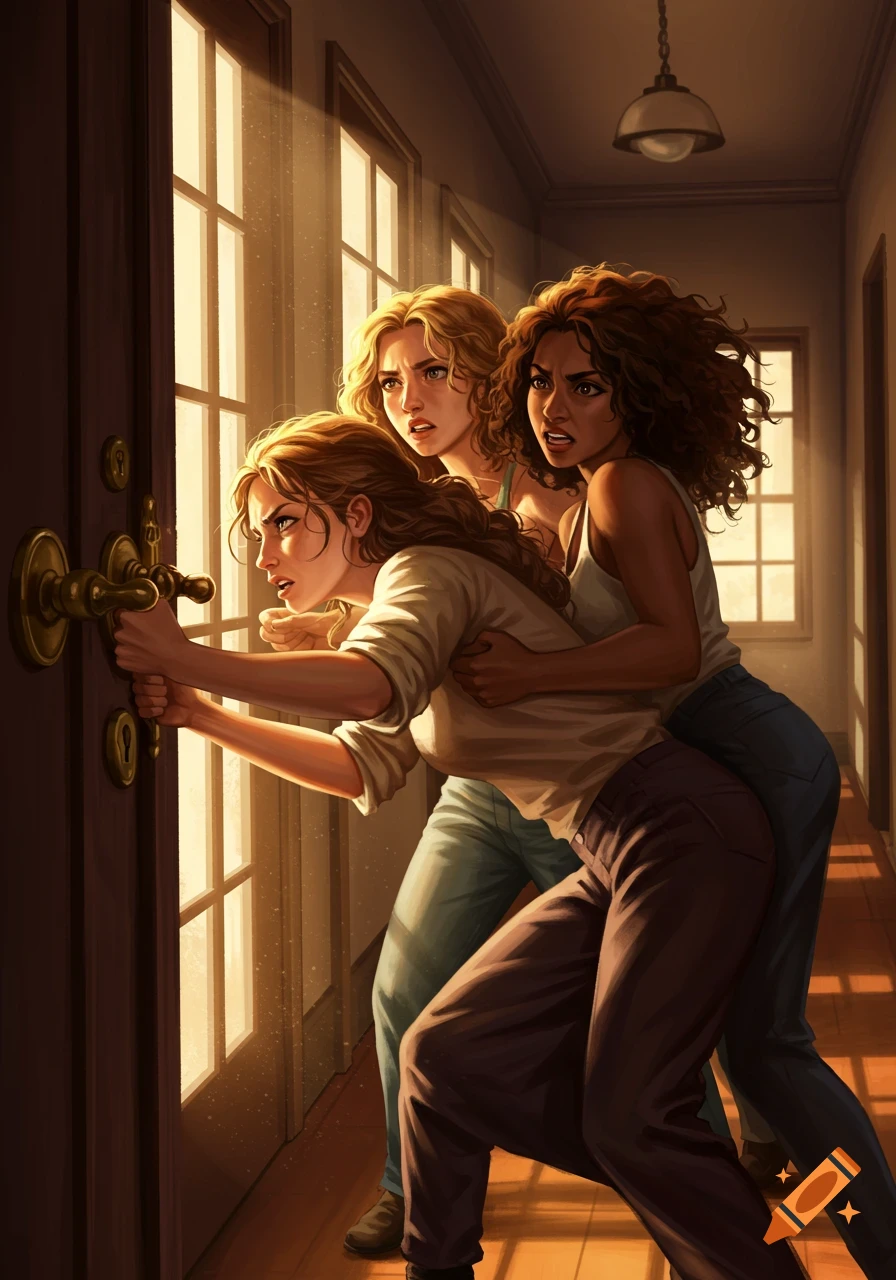 An illustration of three women in a dimly lit hallway, one intensely pulling a door handle while two others support her from behind.