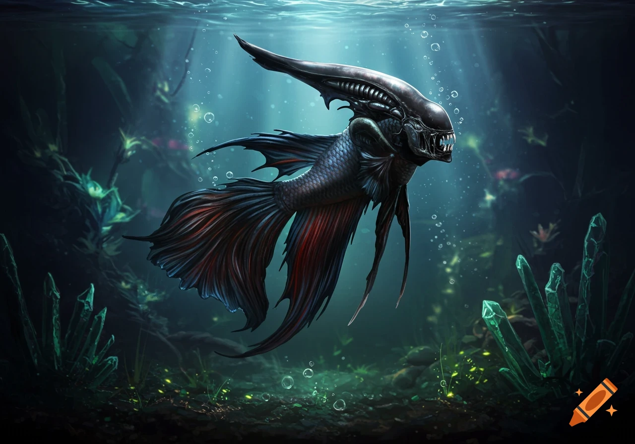 A black and red Xenomorph-betta fish hybrid swims underwater among glowing plants and crystals.