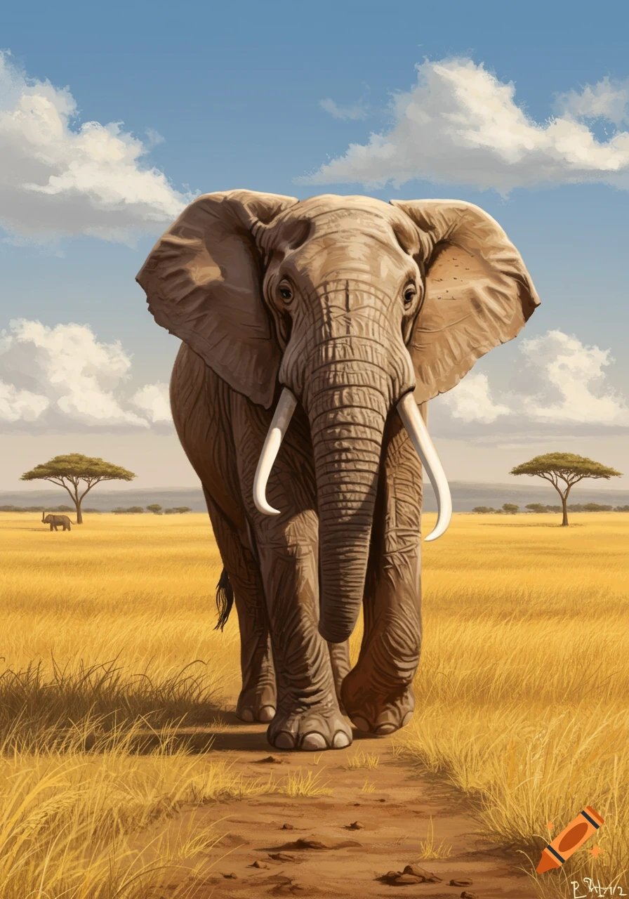 A large elephant walks forward in a golden savannah under a blue sky.