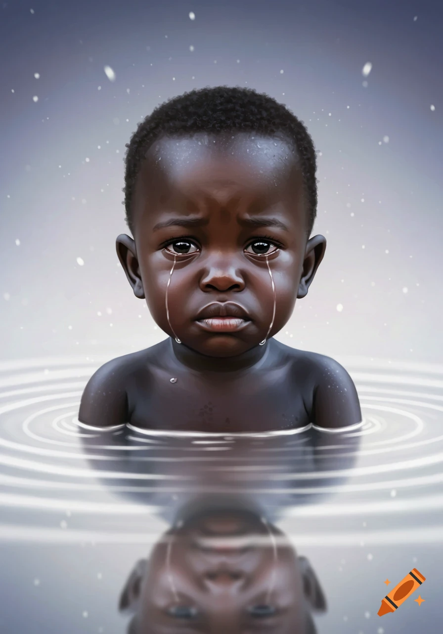 A crying African baby with tears streaming down their face, partially submerged in water, looking sad.