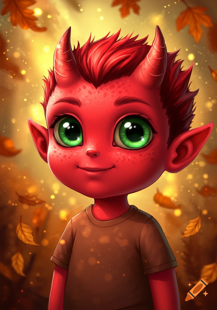 A cute, smiling cartoon red demon with green eyes and small horns, wearing a brown shirt, set against a warm autumn background with falling leaves.