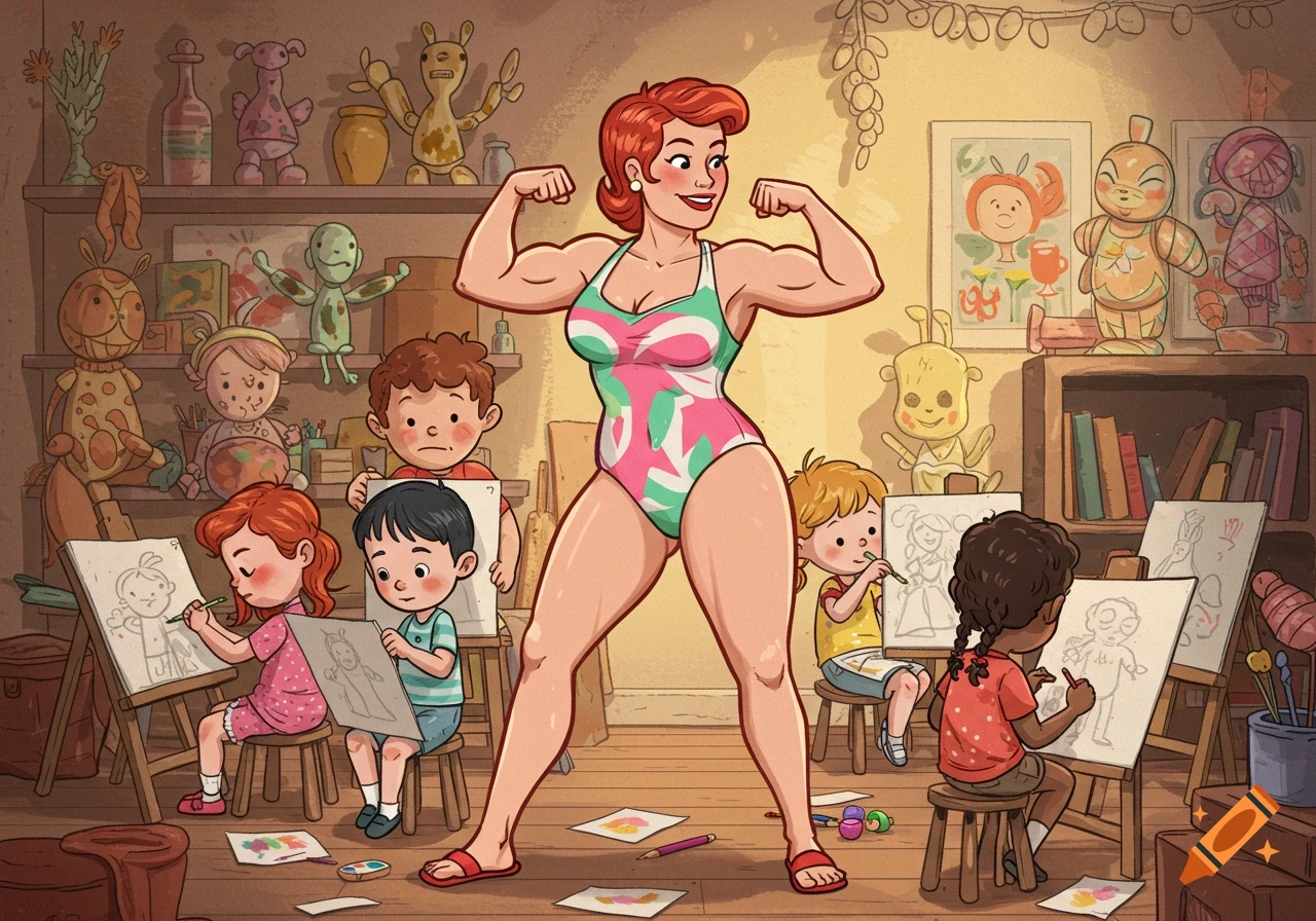 A muscular woman in a colorful swimsuit flexes her biceps while children draw in a cartoon art class.