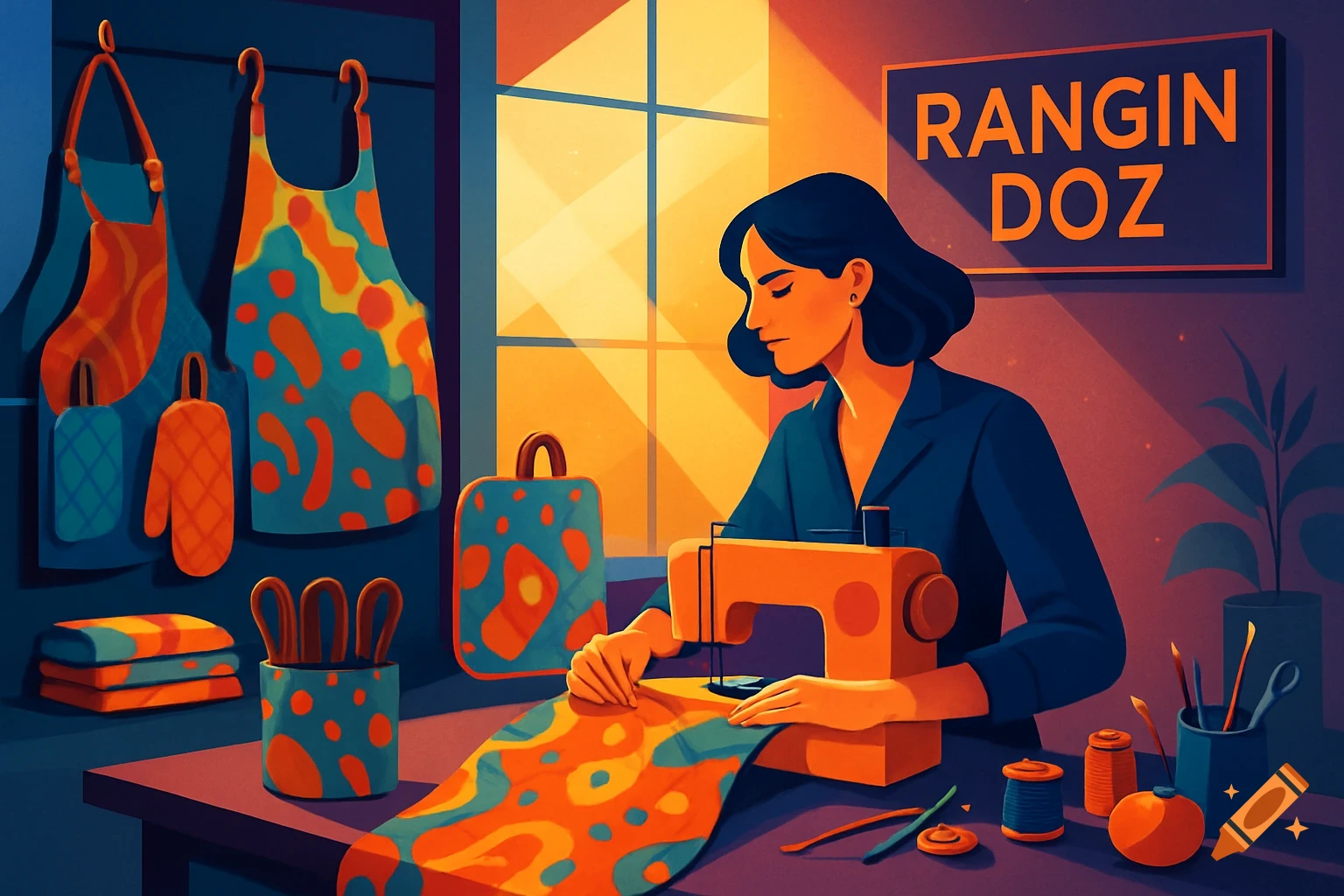A stylized illustration of a woman sewing on a machine, with colorful fabric, aprons, and other crafting tools around her in a sunlit room.