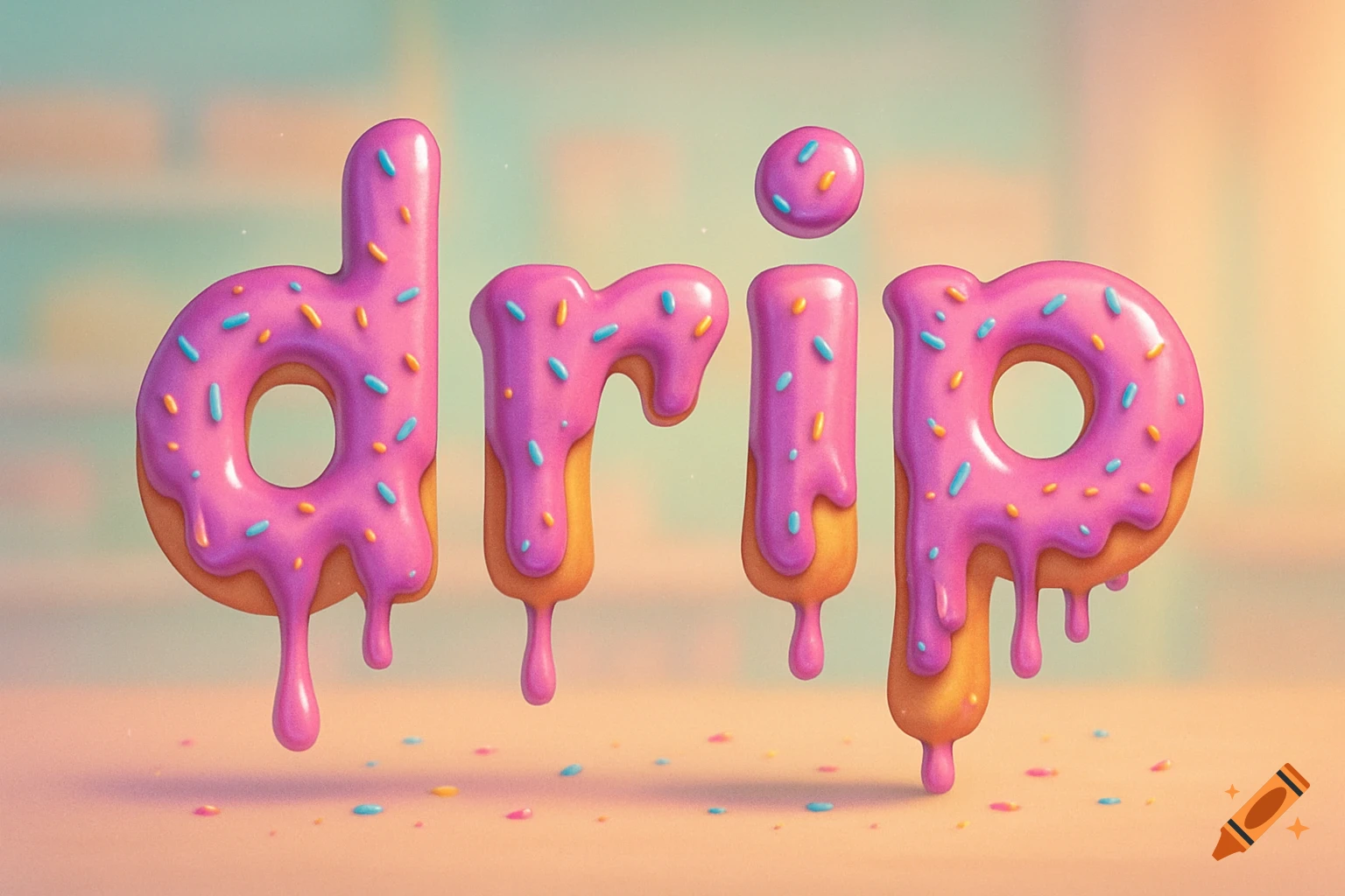 The word 'drip' made from pink frosted donut letters with colorful sprinkles, with pink icing dripping from the bottom.