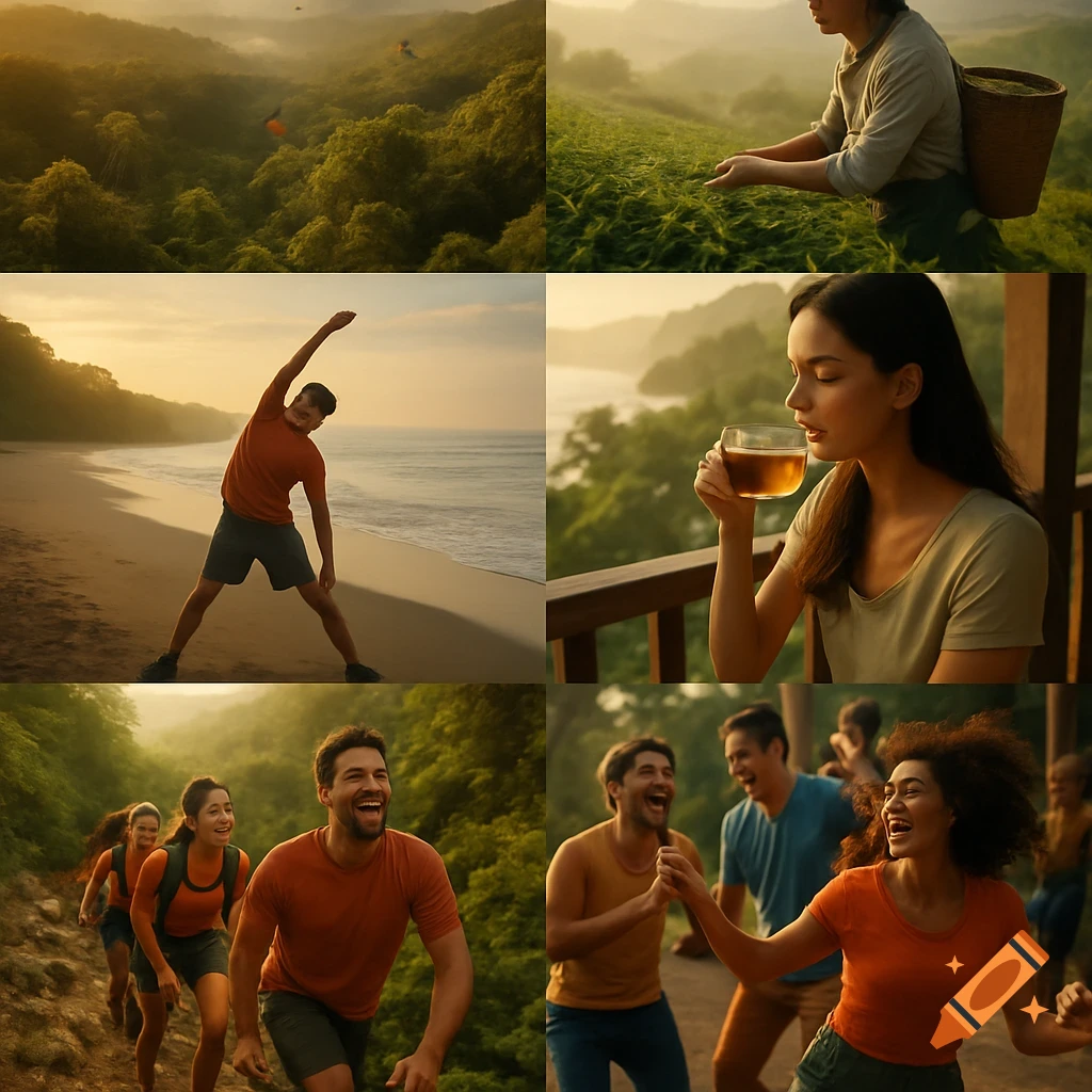 A collage of scenes including a lush rainforest, a person picking tea, a man stretching on a beach, a woman drinking tea, and people hiking and laughing outdoors.
