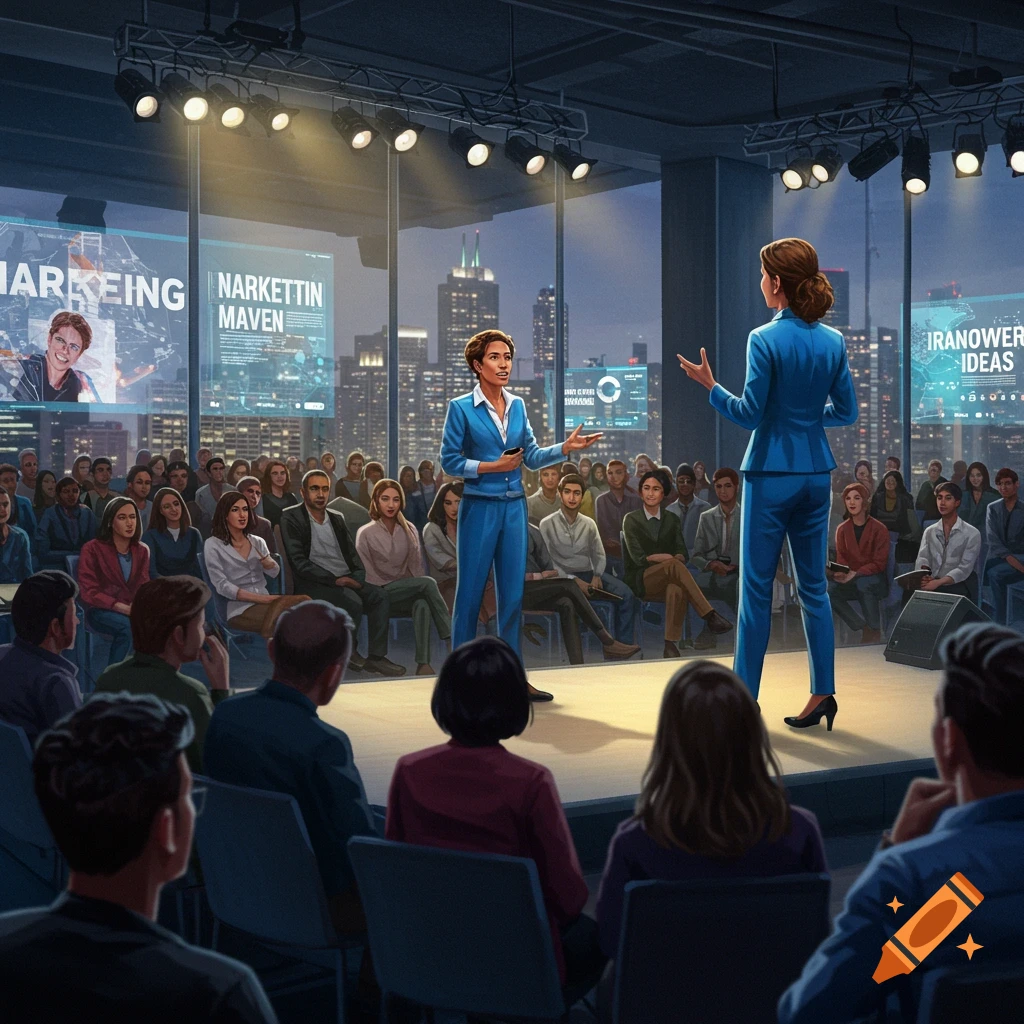 Two women in suits speak on a stage to an audience, with city skyline and large screens in the background, in a photorealistic illustration style.