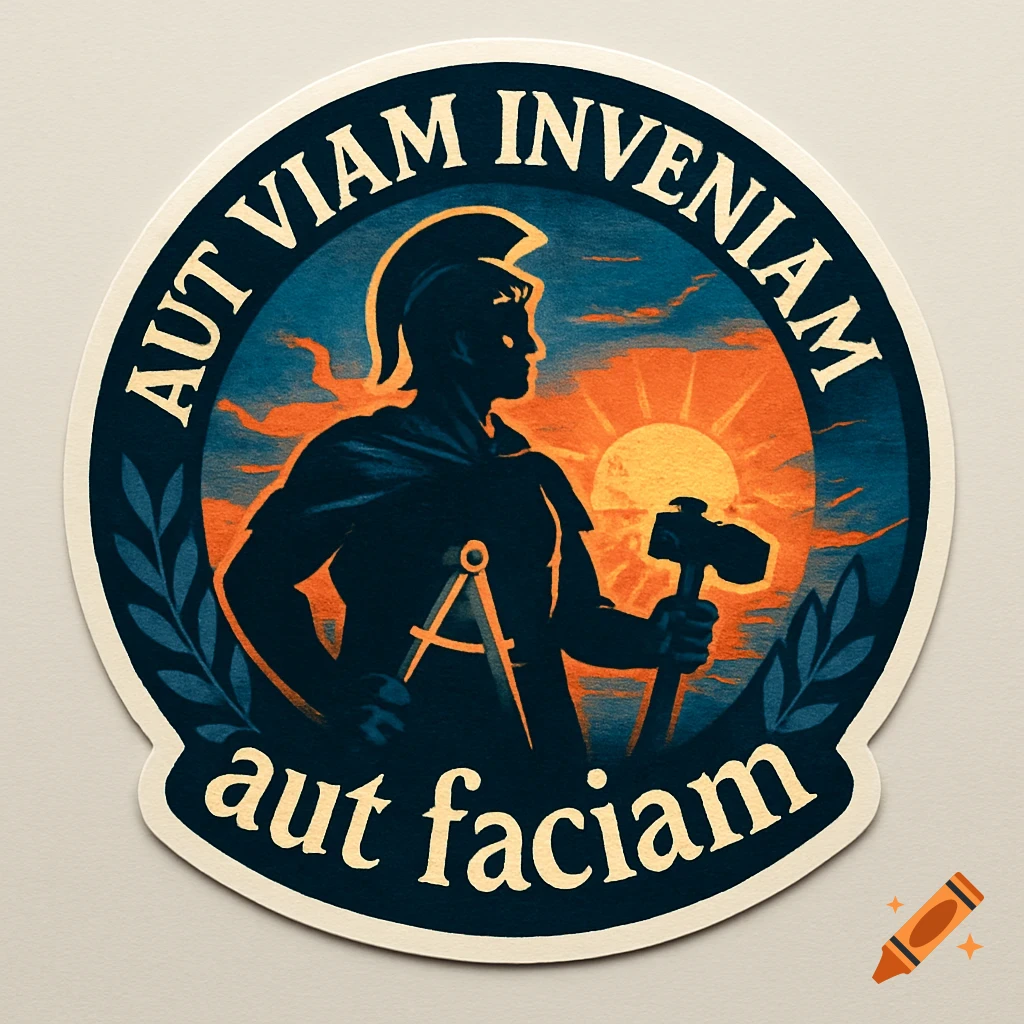 Vintage-style sticker of a silhouetted figure in a helmet with a hammer and compass against a sunset. Features Latin text "Aut viam inveniam aut faciam."