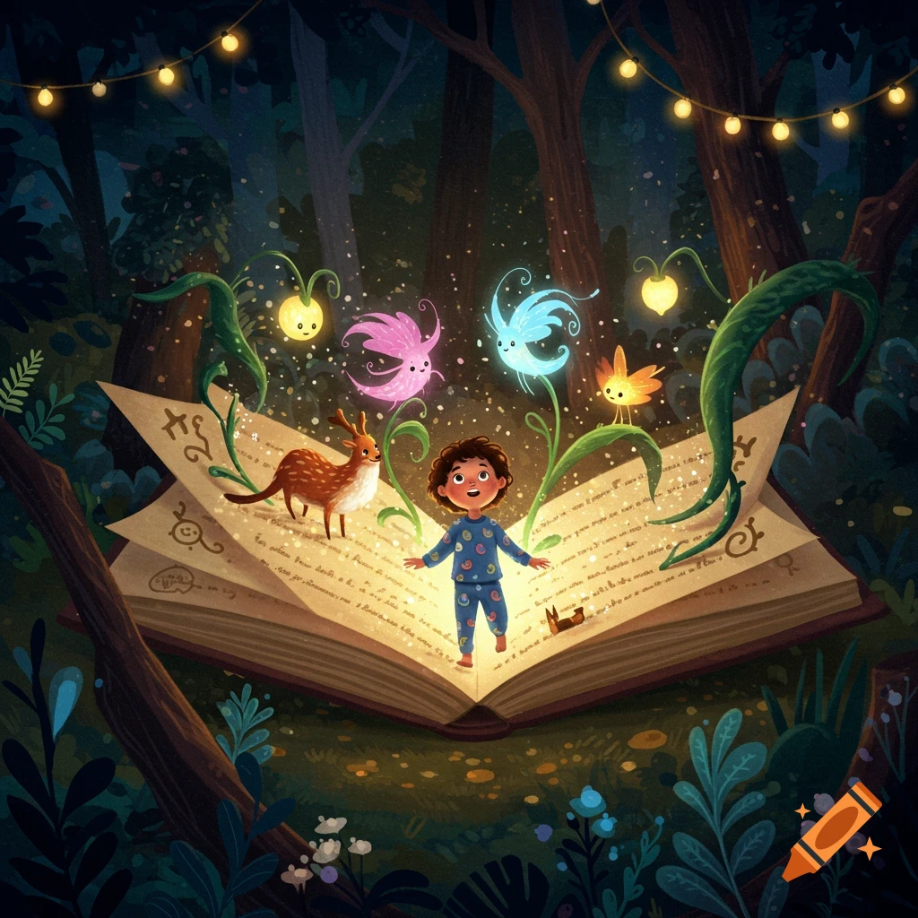 A whimsical illustration of a child in pajamas standing on a giant open, glowing storybook in a magical forest with sprites and a fawn.