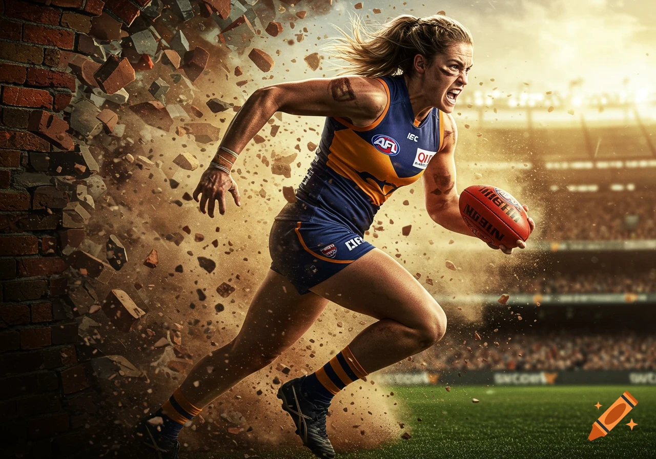 Photorealistic image of a strong female Australian Rules Football player bursting through a brick wall on a stadium field, holding a football.