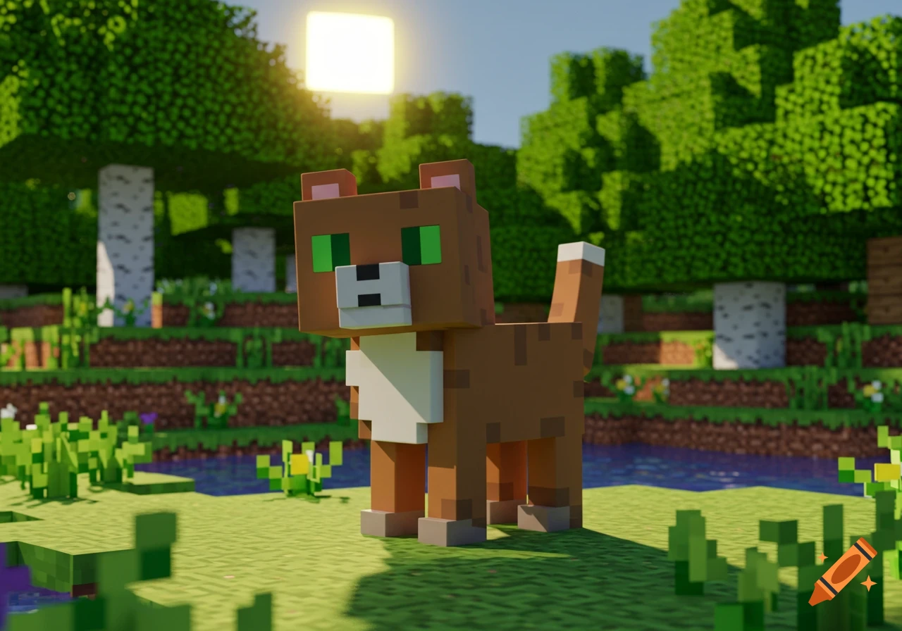 A blocky brown cat with green eyes stands in a blocky green landscape with trees and water, in the style of Minecraft.