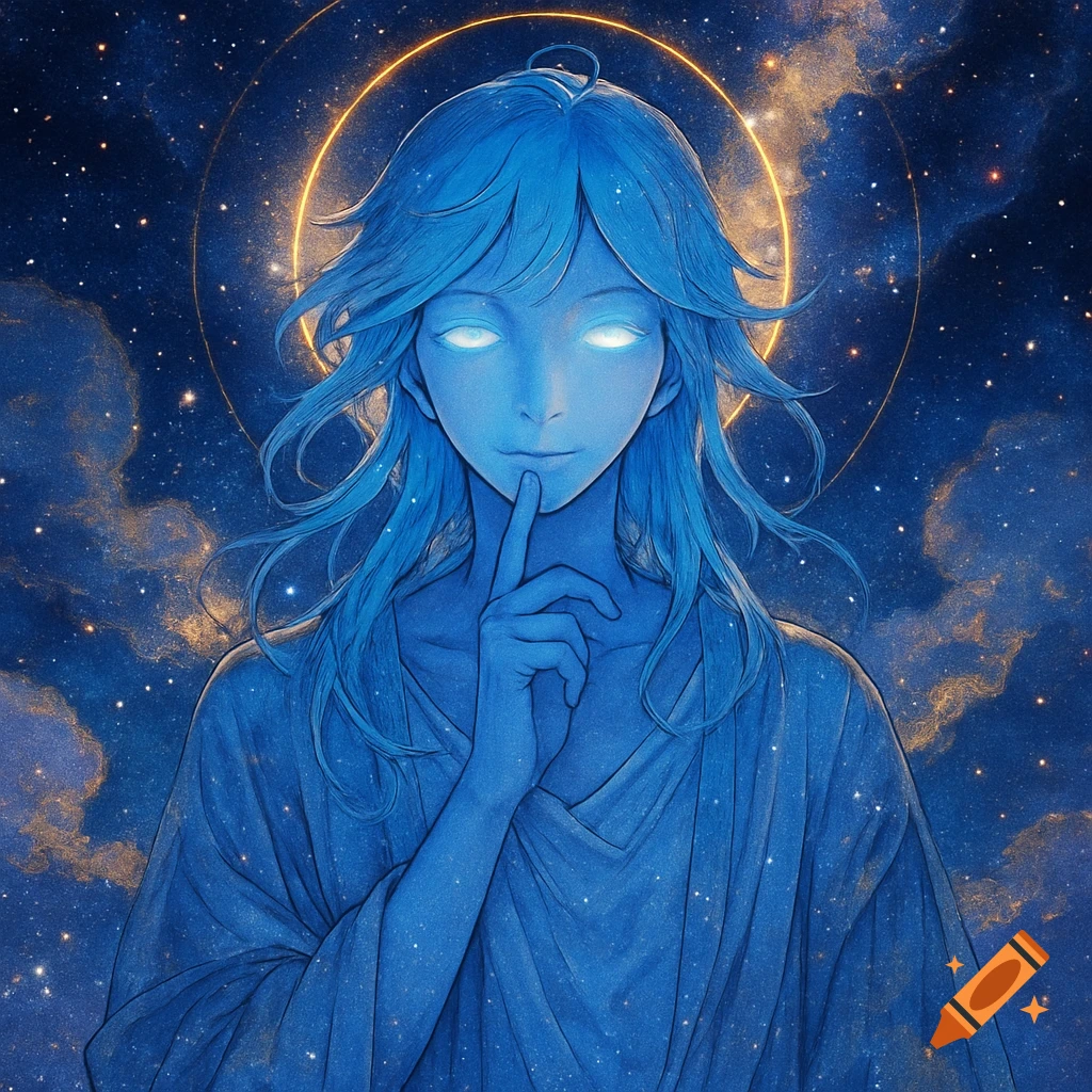 Anime-style cosmic figure with blue skin, glowing eyes, and finger to lips against a starry, dark blue and gold universe background.