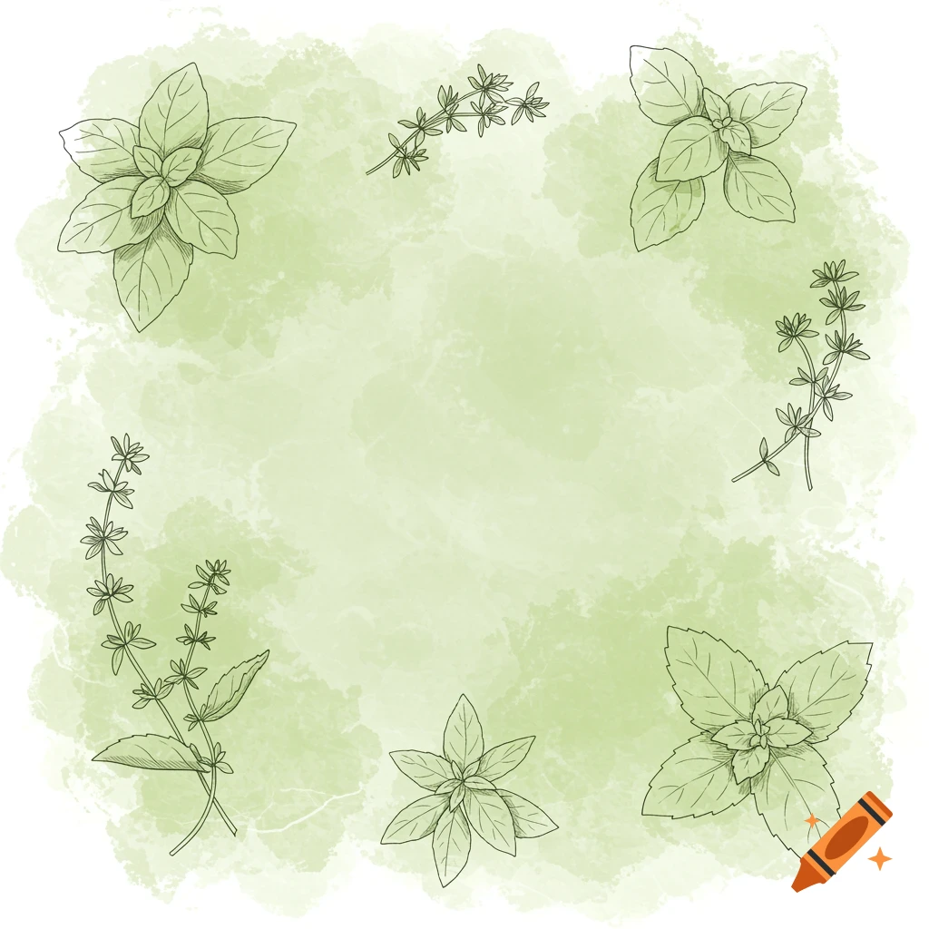 Botanical illustration of various herbs like basil and thyme outlining a faded pastel green watercolor background.