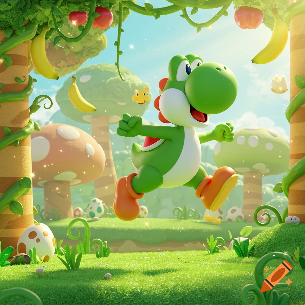 Yoshi, a green dinosaur-like character, jumps happily in a vibrant, sunlit forest with mushrooms, trees, and hanging fruit.