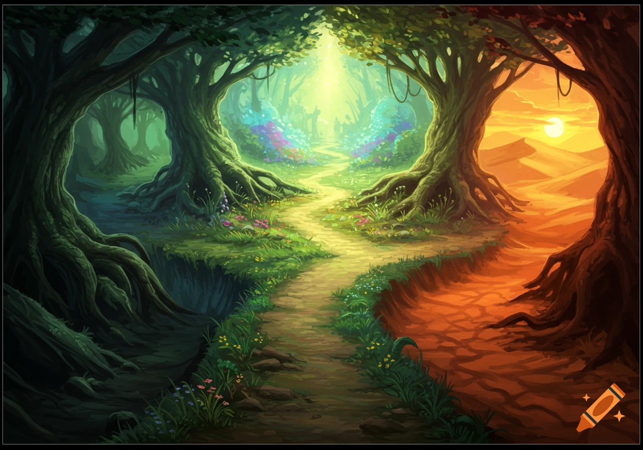 A vibrant fantasy landscape depicting a path splitting into a lush, bright forest, a dark chasm, and a warm desert.