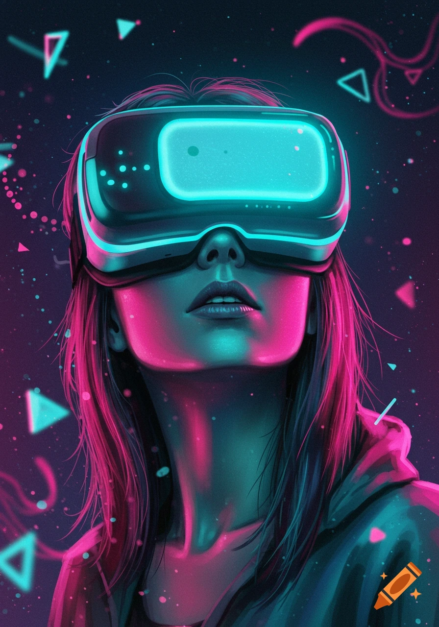 Girl wearing glowing VR goggles, illuminated by neon pink and blue light, in a futuristic setting.