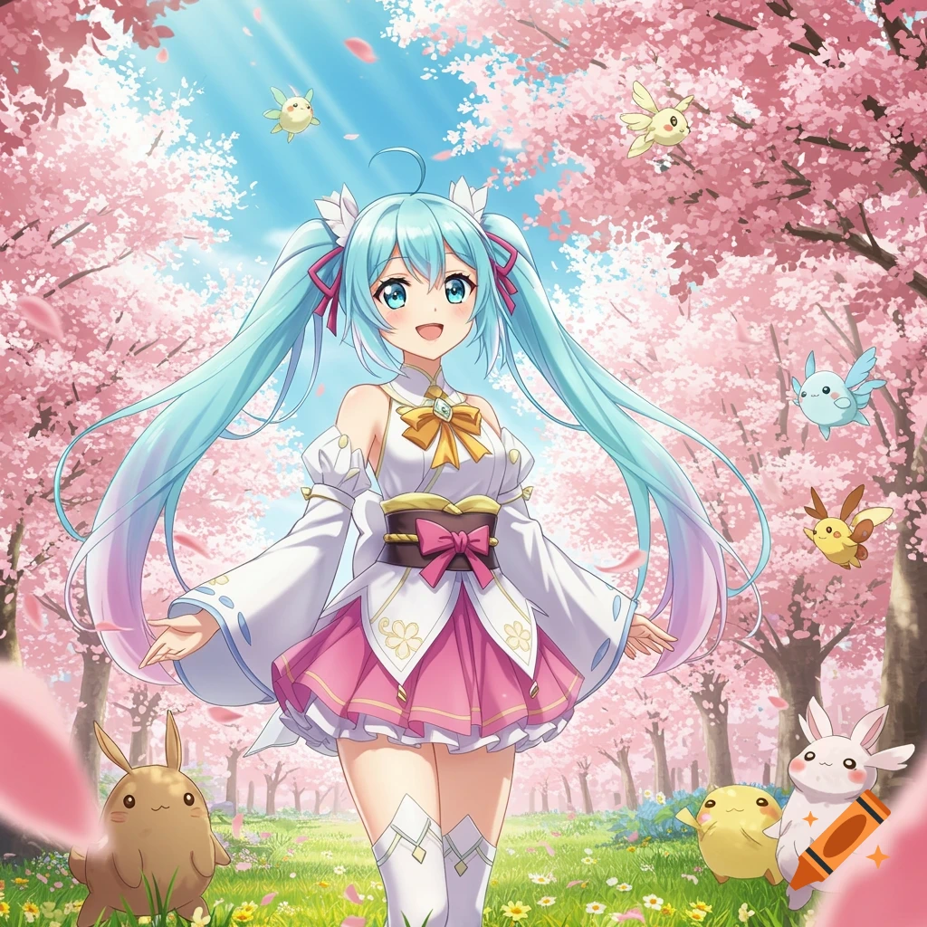 An anime girl with light blue twin tails in a white and pink dress stands in a cherry blossom forest with cute fantasy creatures.