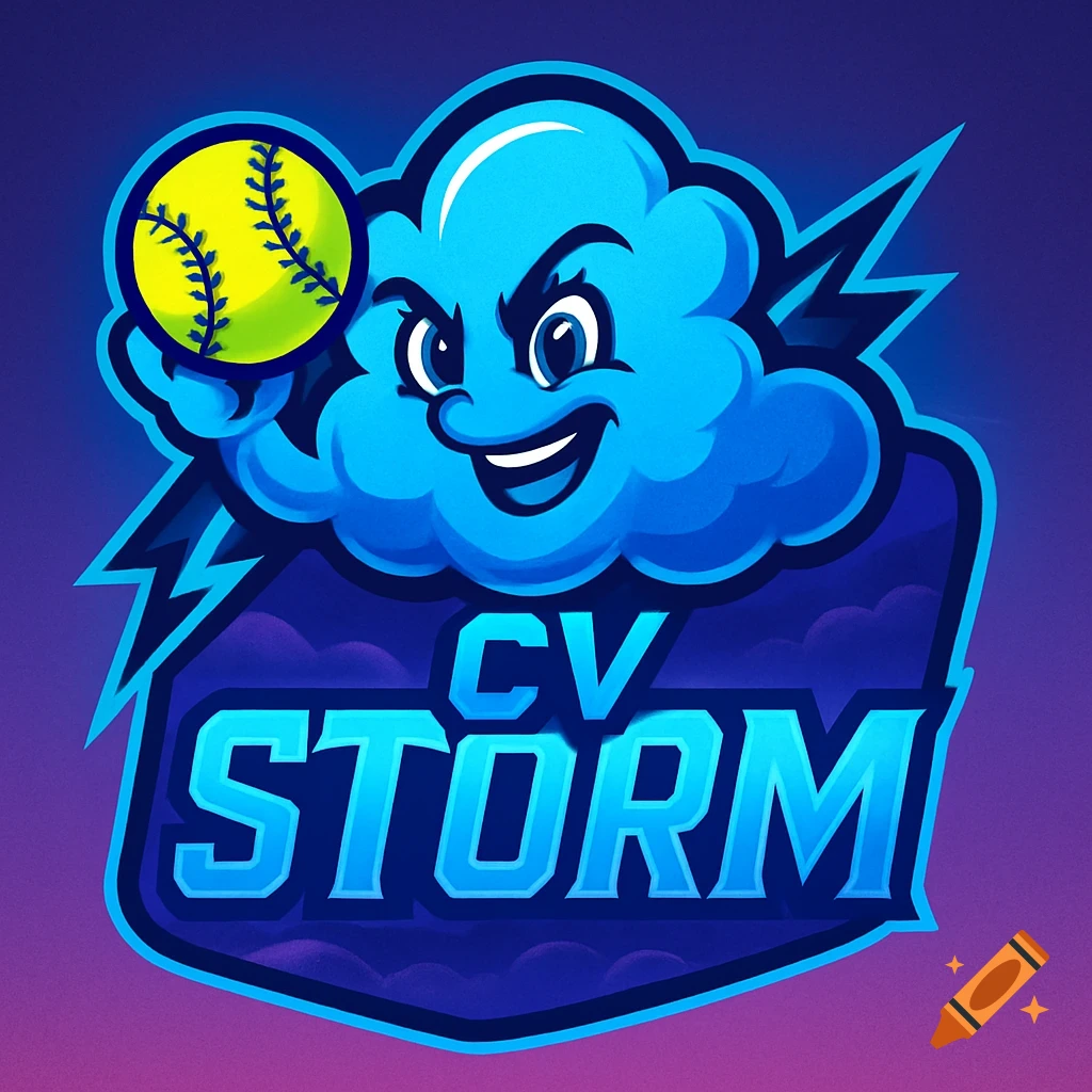 A cartoon logo features a smiling blue cloud holding a yellow softball, with lightning bolts. The text 'CV STORM' is below it.