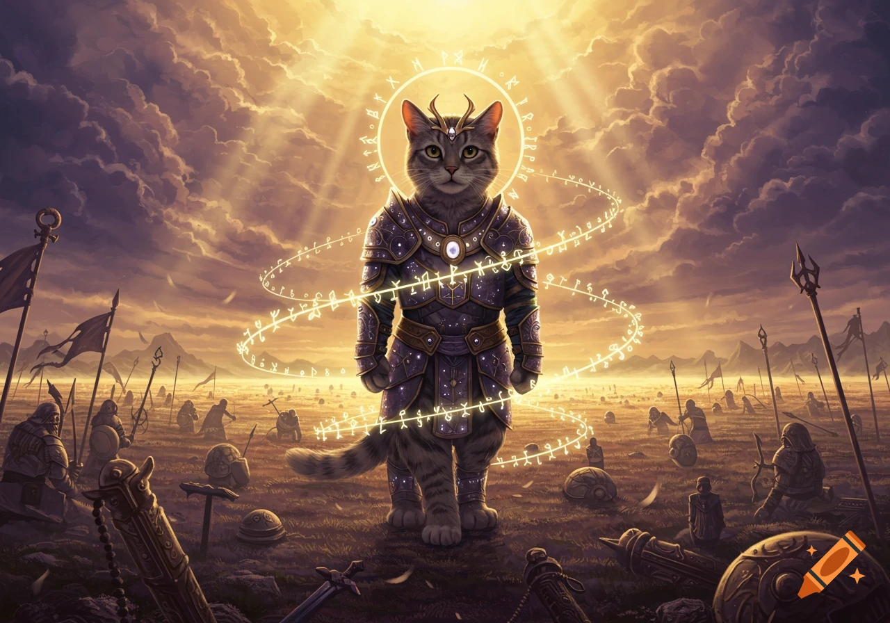 A majestic armored cat with a glowing runic halo stands on a vast battlefield under a dramatic sky. Fantasy art.