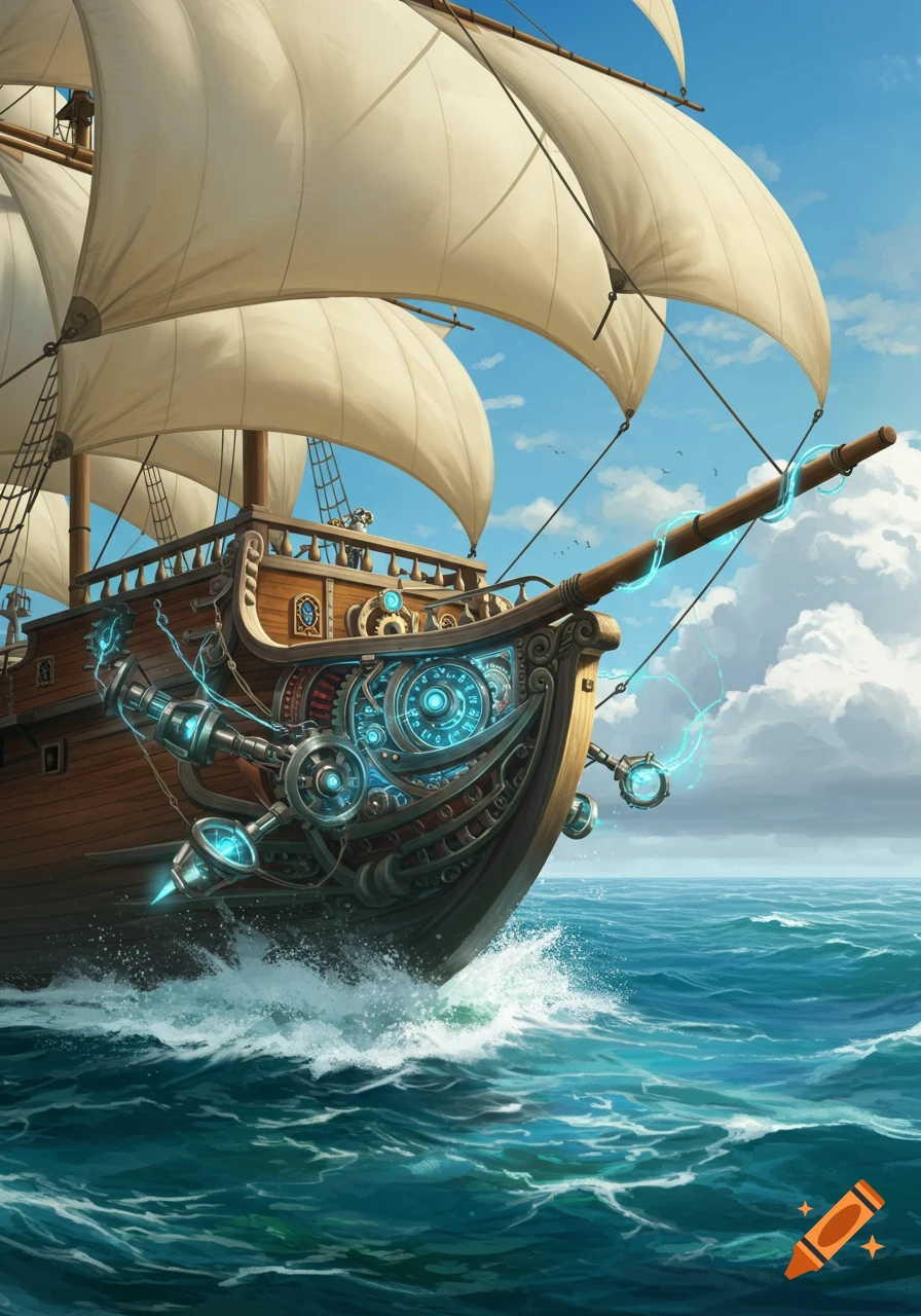 A detailed digital illustration of a wooden brigantine ship with glowing blue magitech components on its bow, sailing on a wavy ocean under a cloudy sky.