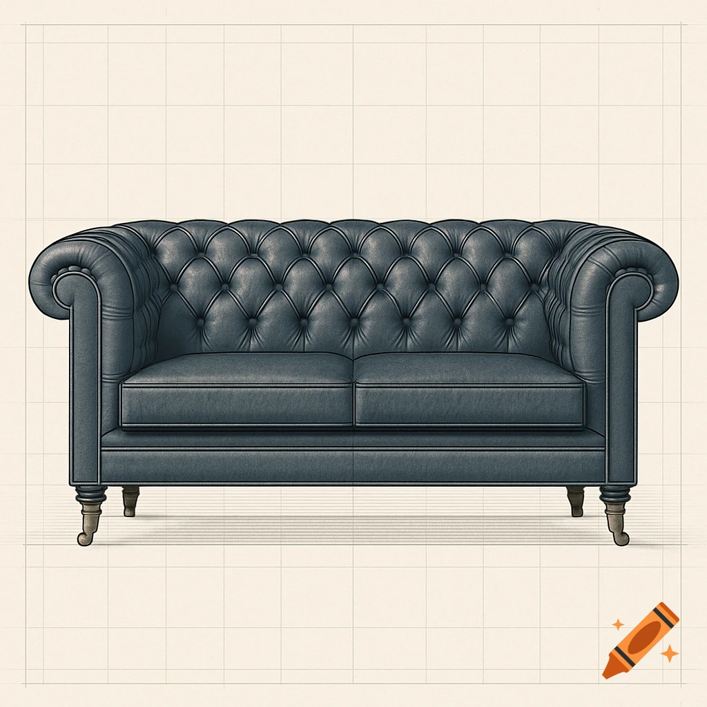 A dark blue chesterfield sofa is centered on a light-colored grid background, presented in a design elevation style.