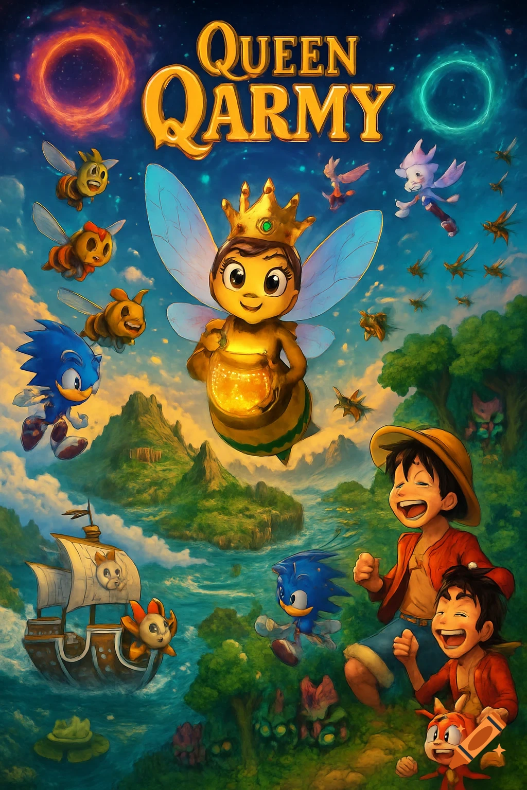 A vibrant cartoon poster featuring a queen bee with a glowing honey pot, Sonic the Hedgehog, Luffy, and other characters in a fantastical landscape with a ship and mountains.