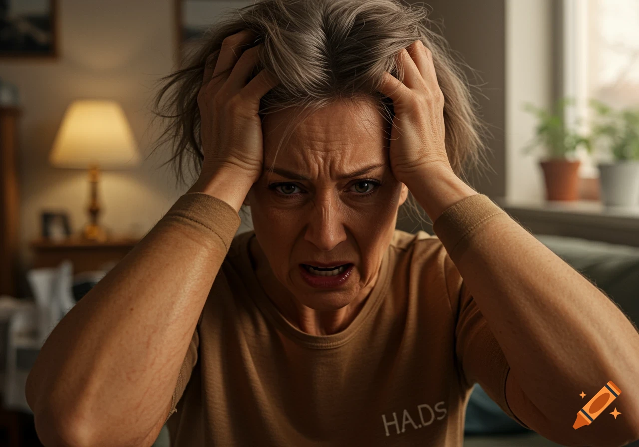 Close-up of a distressed middle-aged woman gripping her hair in frustration, photorealistic.
