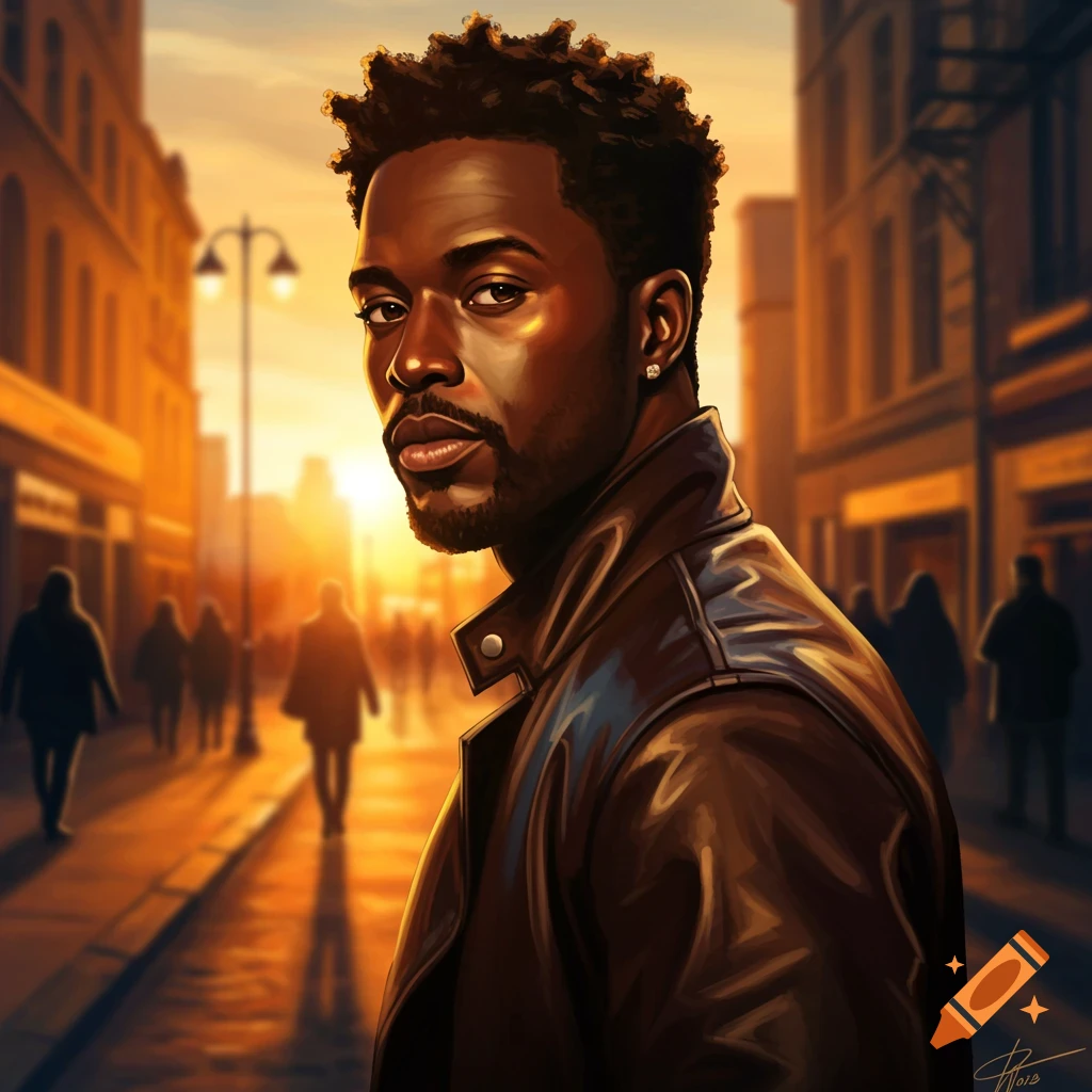 Digital painting of a Black man in a brown leather jacket looking over his shoulder on a city street at sunset.