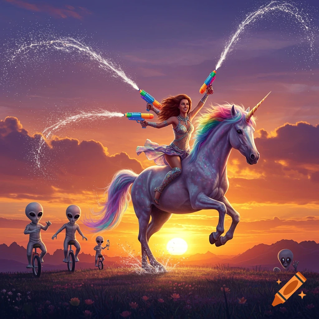 A woman on a rainbow unicorn squirts water pistols at sunset, pursued by gray aliens on unicycles in a vibrant field.
