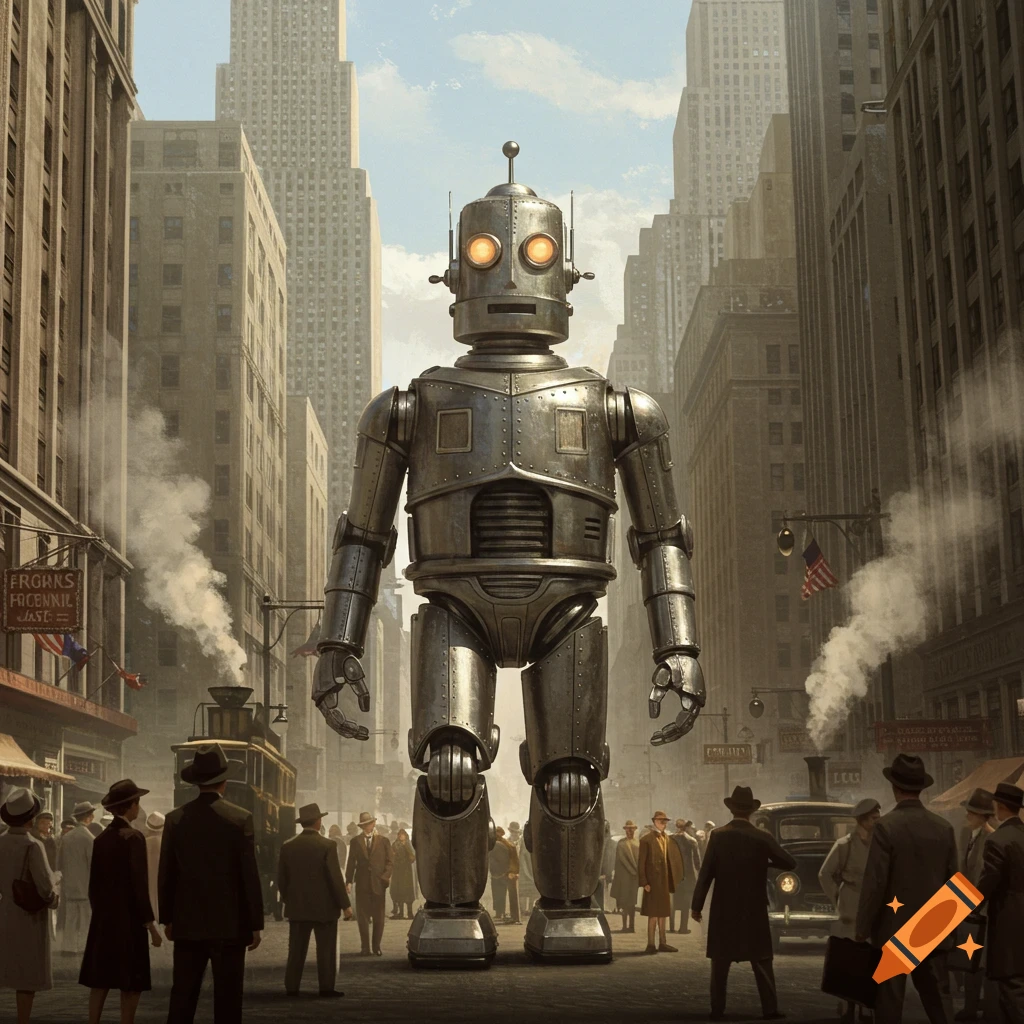 A colossal vintage robot stands on a street in a 1940s-era cityscape, surrounded by people looking up at it.