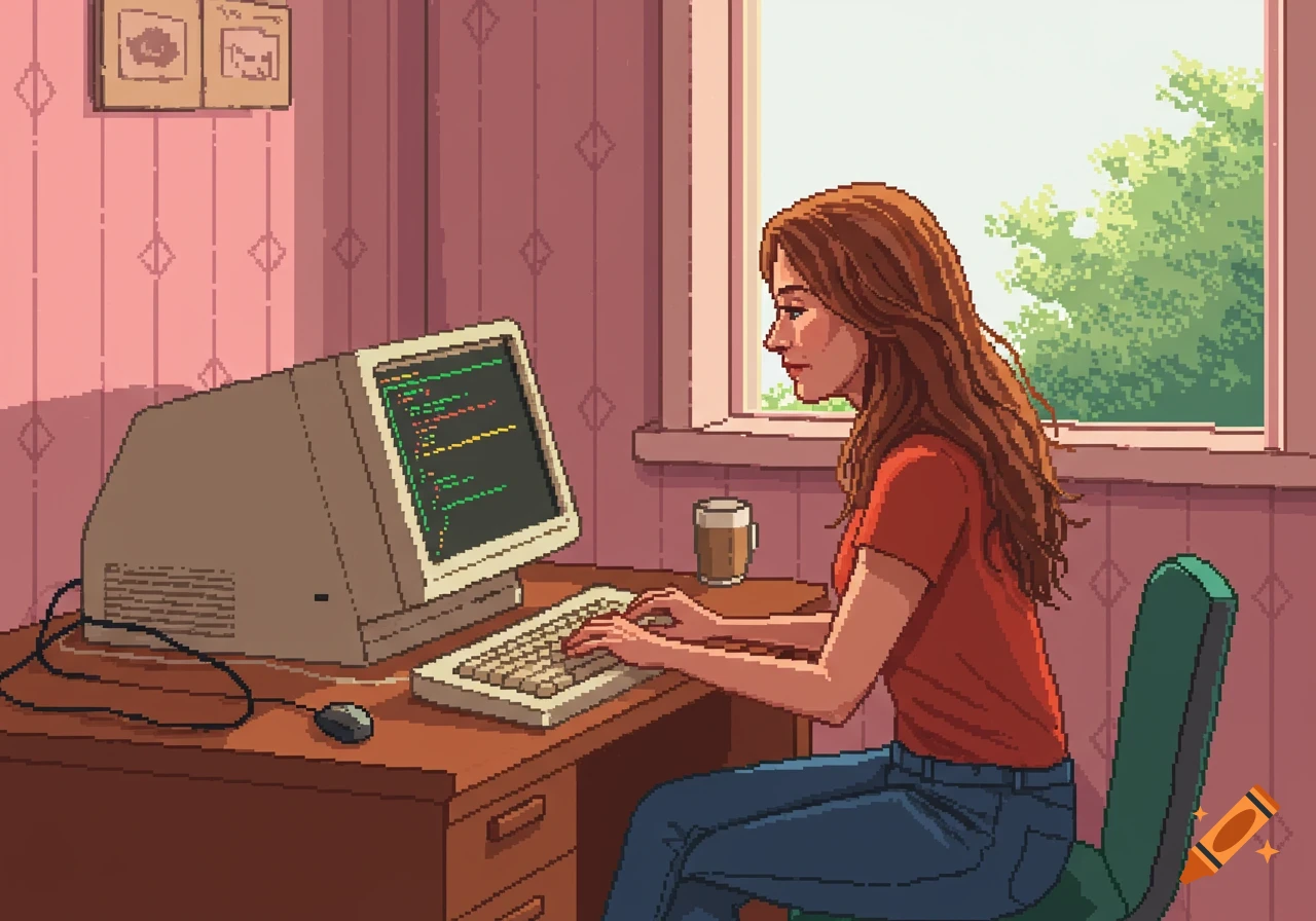 A woman with long brown hair sits at a computer, programming, in a 16-bit pixel art style. The room has pink walls and a window with green trees.