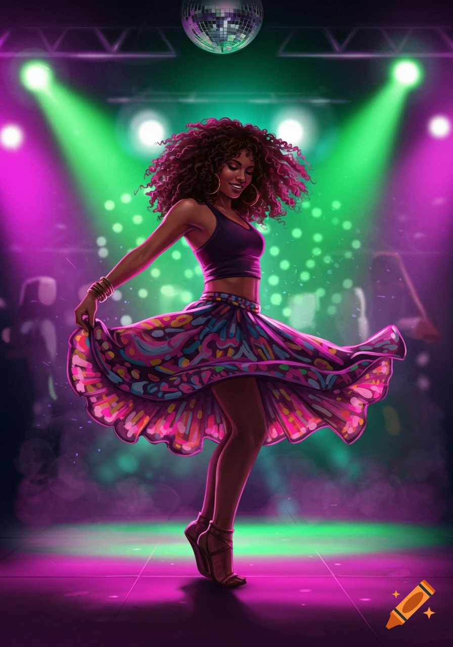 A woman with curly hair dances gracefully on a stage under colorful pink and green spotlights with a disco ball above.