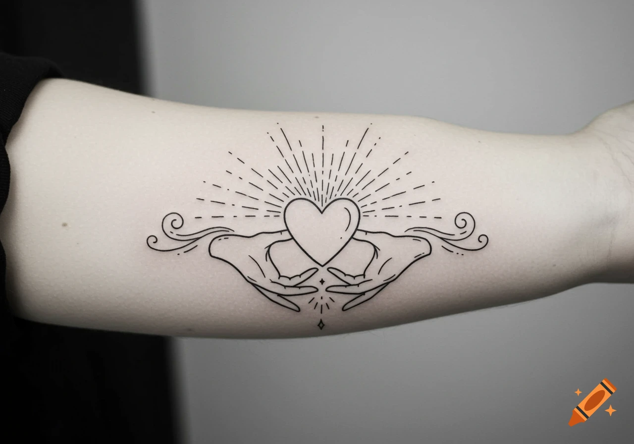 A minimalist black and white line art tattoo on an arm showing two hands holding a heart, with radiating sunbeams and swirly designs.