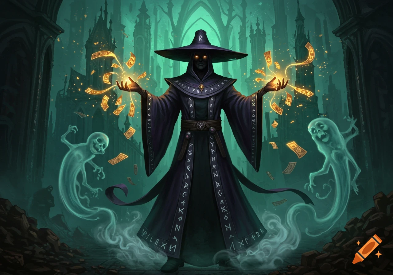 A dark wizard in a wide-brimmed hat and long robe conjures golden money with glowing hands, flanked by two spectral ghosts in a dark, gothic cityscape.