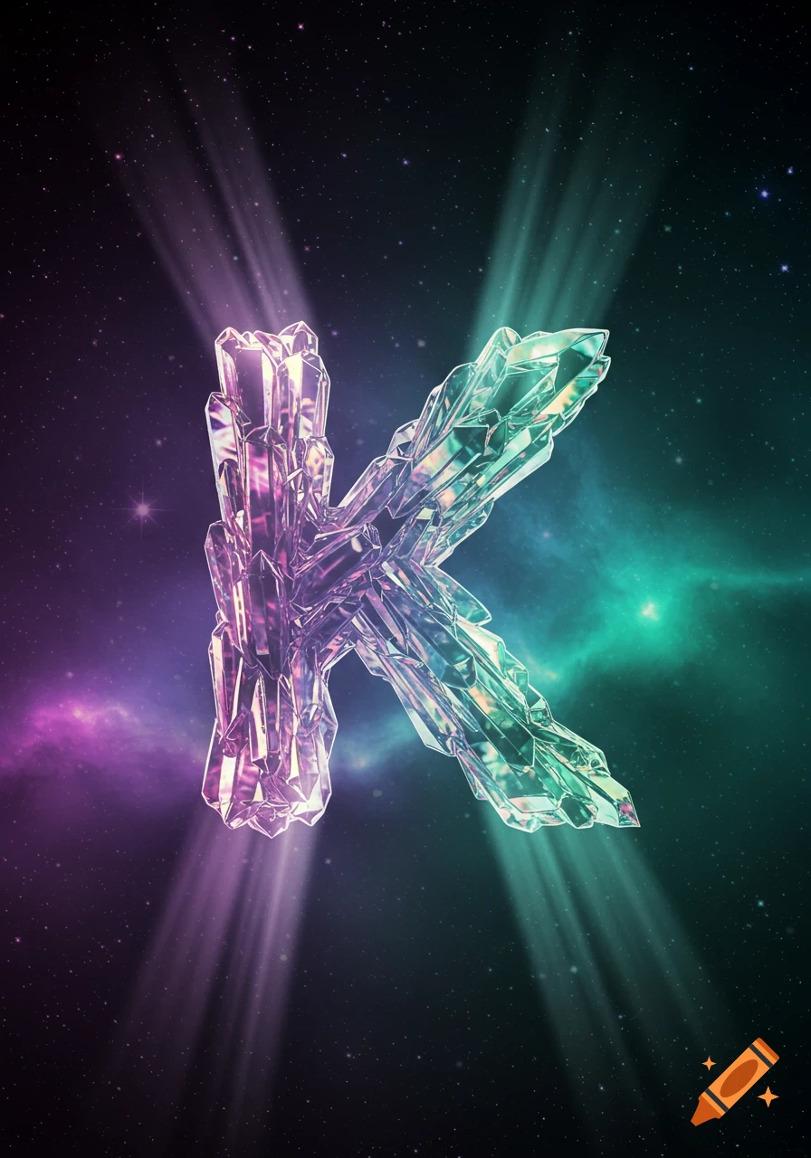 A large, glowing crystal letter K against a dark space background with nebulae and stars.