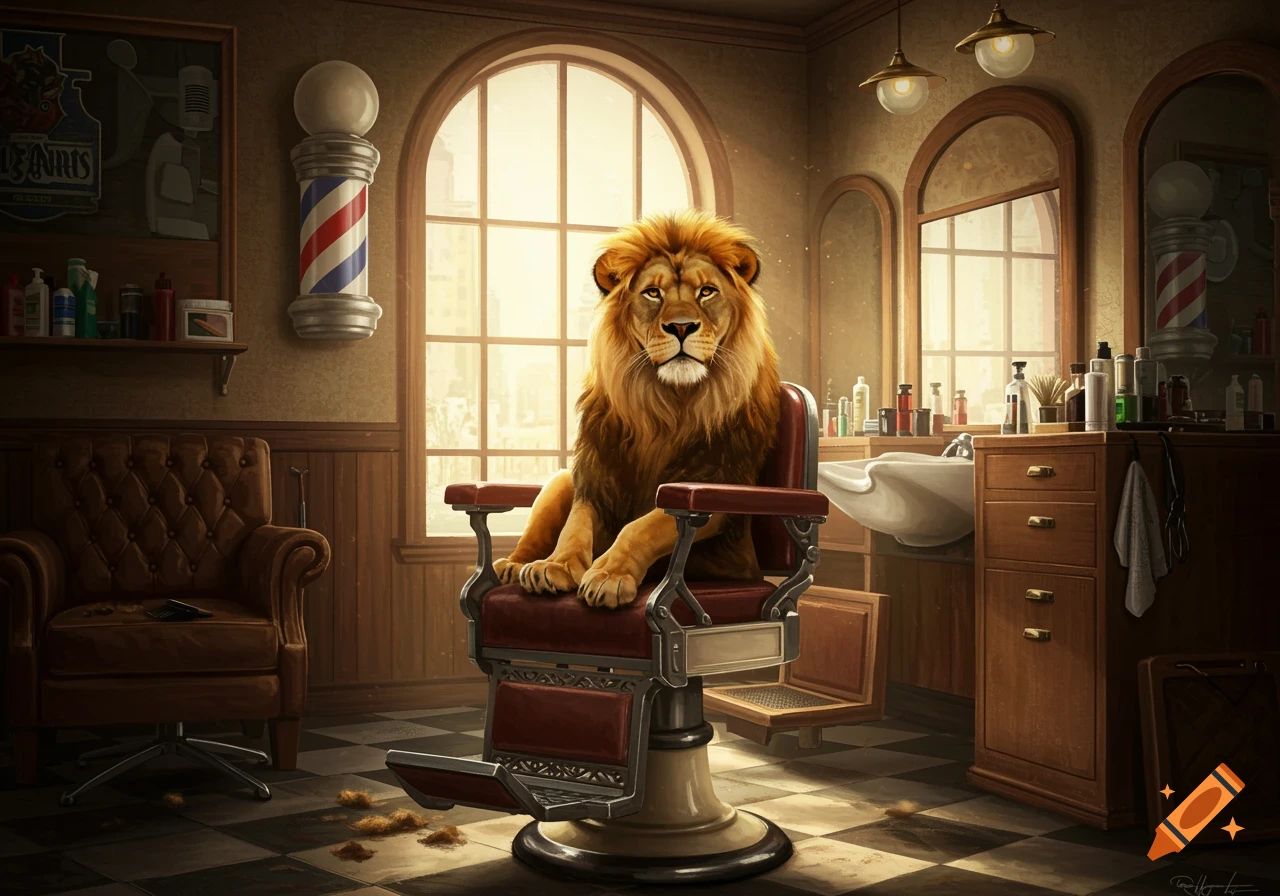 A photorealistic depiction of a majestic lion sitting in a classic red barber's chair in a vintage barbershop.