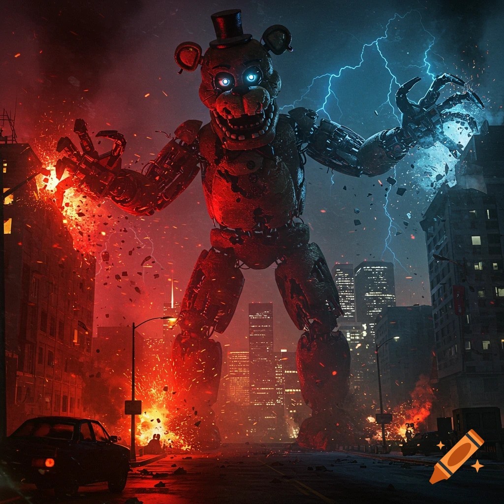 Giant animatronic robot resembling Freddy Fazbear with glowing eyes destroys a city at night, wielding red fire and blue lightning.