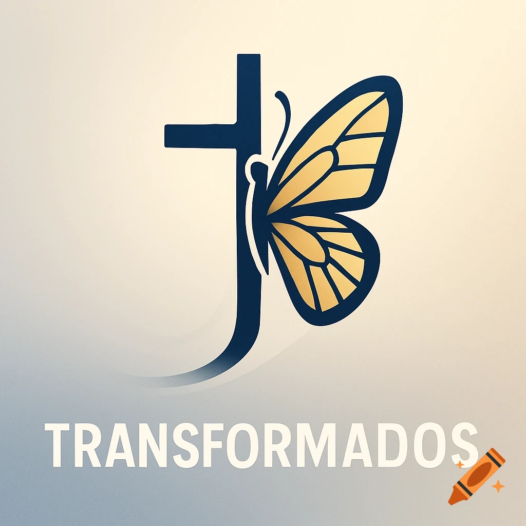 Modern logo featuring a dark blue cross and a golden butterfly, with 'TRANSFORMADOS' in white text below.