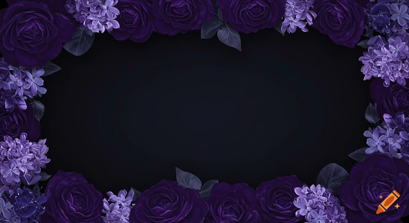 A dark background bordered by deep purple roses and light purple lilacs.