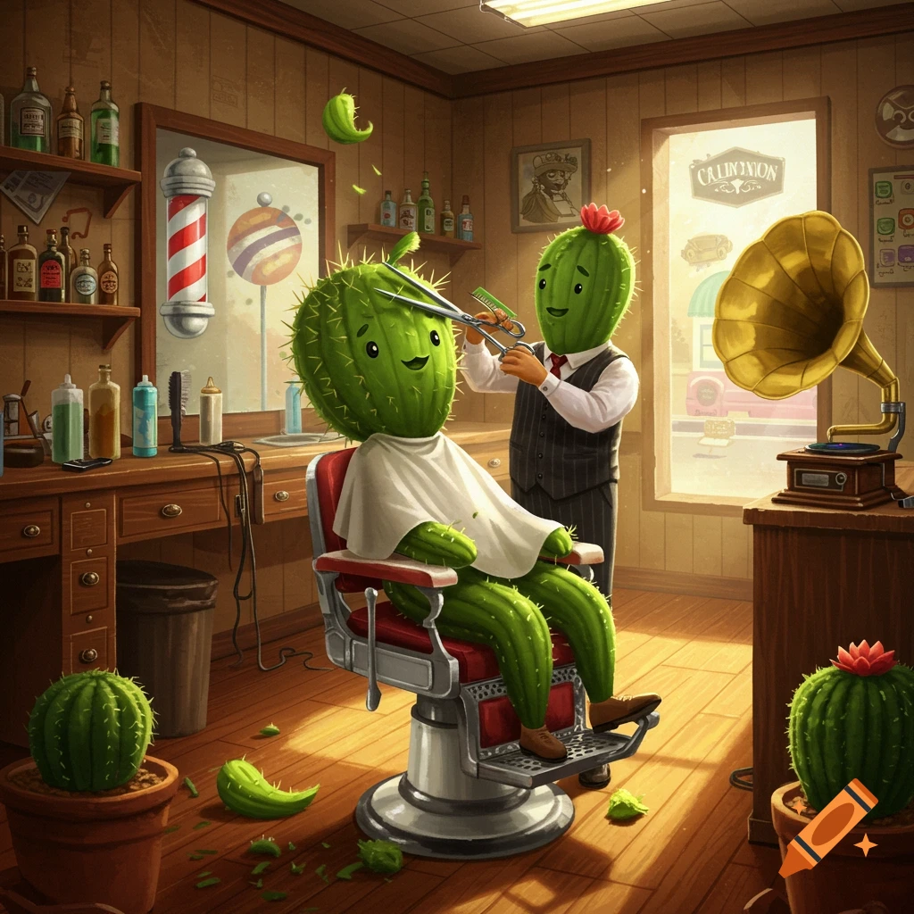 Anthropomorphic cacti in a barbershop, one getting a haircut from another. Whimsical cartoon style.