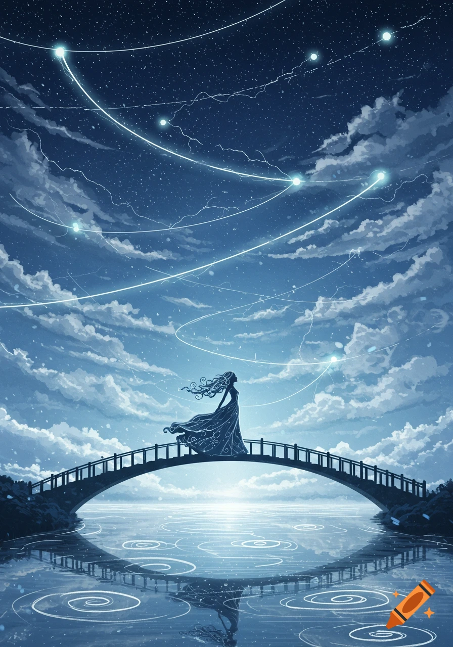 A silhouetted woman with flowing hair stands on a bridge under a starry, cloudy night sky with glowing lines.