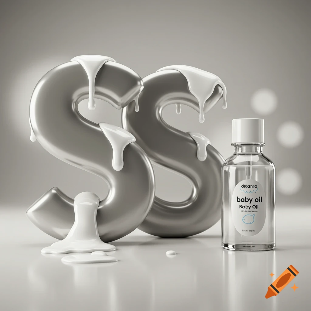 Two large metallic S letters with white liquid dripping down them, next to a clear bottle of baby oil on a grey surface.