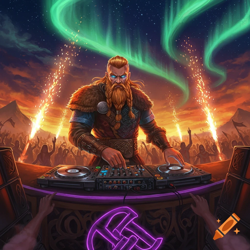 A Viking-like man with a braided red beard and glowing blue eyes DJs under the aurora borealis, surrounded by a crowd at a vibrant outdoor festival with fireworks. A glowing purple symbol is in the foreground.