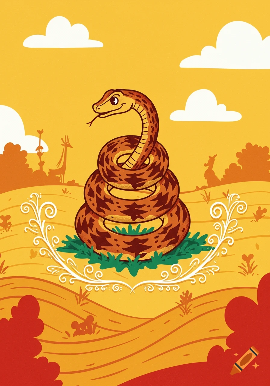 A friendly cartoon snake coiled on green grass against an orange desert background with clouds and silhouetted animals.