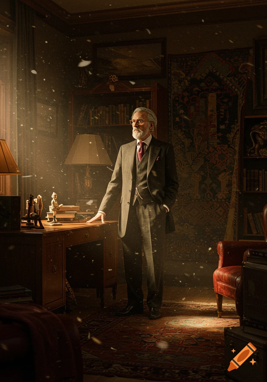 An older man in a suit stands by a desk in a moody, dust-filled study with bookshelves.